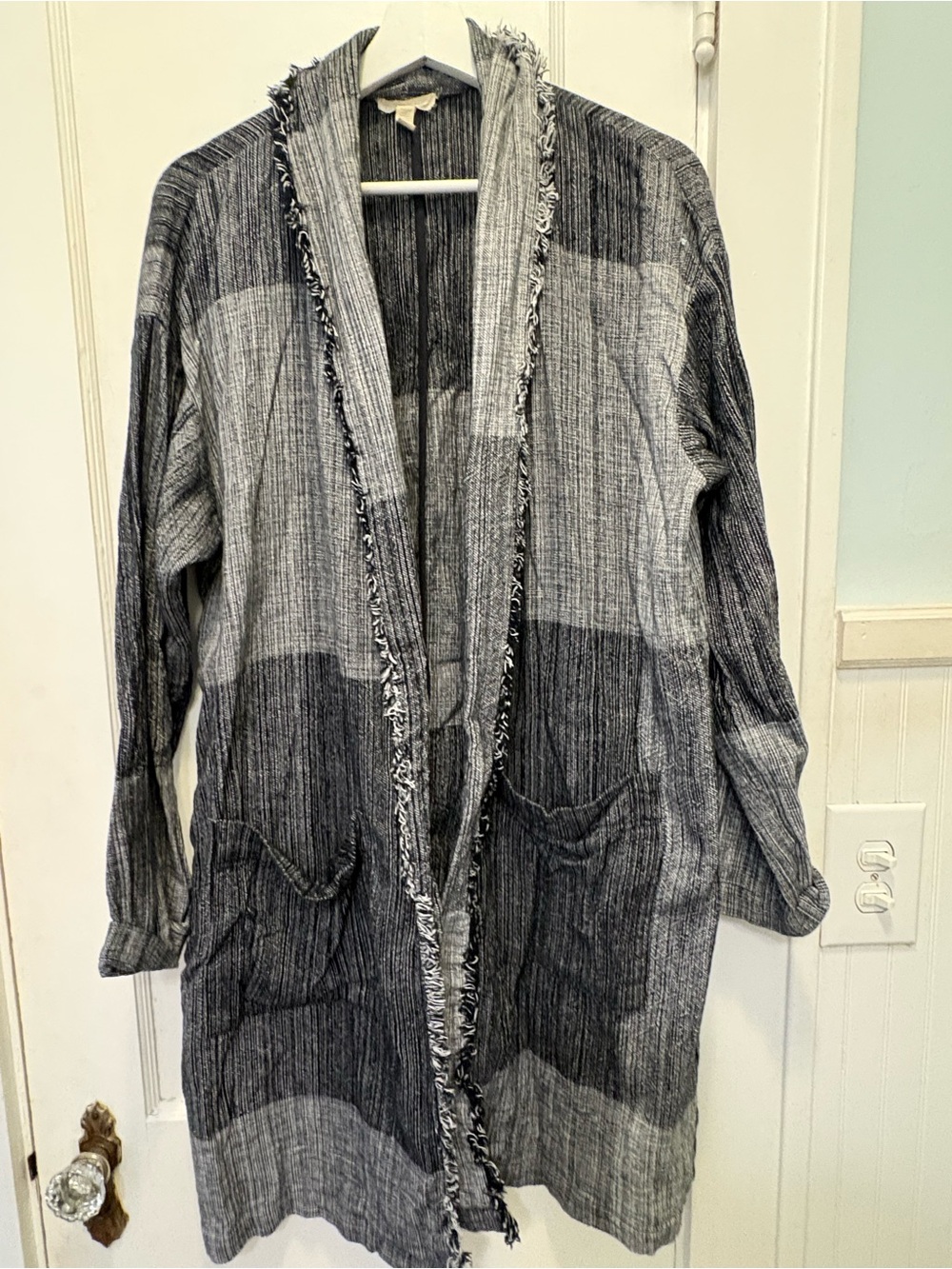 Eileen Fisher Women’s Open-Front Fringe Trim Coatigan - Gray Stripe